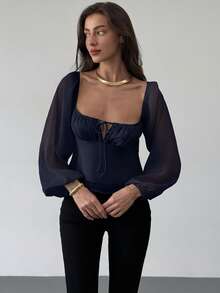 Aloruh Ruched Gathered Waist Flared Hem Textured Fabric Long Sleeve Blouse For Women - Blue - View 3