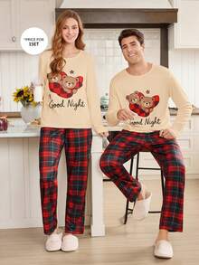 CoupledUp 2pcs Men's Heart Plaid Pajama Set, Couple Loungewear Cute Pajamas Teddy Bear Pajama Set Bear Pajamas Couple Pajama Couple Matching Pajamas Set - Multicolor - View 2