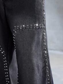 ROMWE MEN Men's Casual Washed Dark Rivet Curved Jeans - Black - View 2