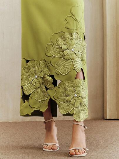 Anewsta Vestido de manga corta con cintura recta de unicolor con bordado calado intrincado y cuentas de burbujas, vestido largo para mujeres