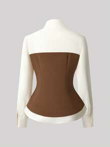 Franclia 优雅简约时尚长袖衬衫和直筒裤两件套 - 棕色 - 查看 4