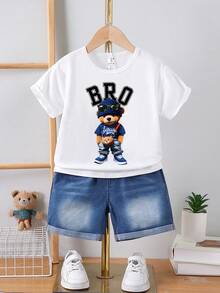 SHEIN Genkimix Kids 2件套男童休闲牛仔熊刺绣短袖T恤和短裤套装，适合日常休闲、运动、上学、户外活动、夏季穿着 - 藍白色 - 查看 5