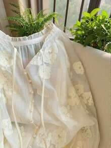 Airaco Women's Floral Jacquard Raglan Sleeve Single-Breasted Fashion Shirt - White - View 4