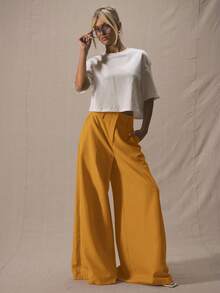 MUSERA 修身超宽腿裤，深腰设计，优雅专业，商务休闲，适合度假、秋冬、工作、办公室、约会、外出、返校、婚礼宾客等场合，也可作为春夏假日穿着。 - 芥末黃 - 查看 1
