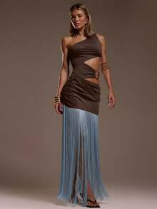 MUSERA One Shoulder Waist Cut Out Detail Fringe Hem Maxi Dress Ibiza Fits Holiday Vacation Sexy Beach Romantic Elegant Occasion Birthday Boho Rafia , Winter - Chocolate Brown - View 4
