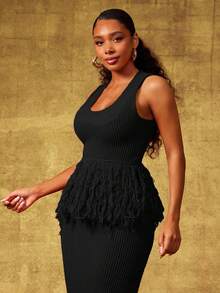 Vixey Fringe Hem Rib Knit Sleeveless Peplum Top - Black - View 5