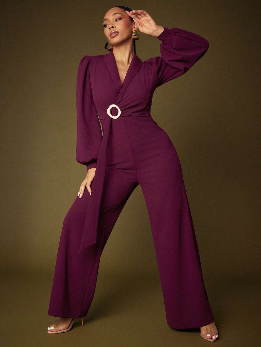 Vixey Textured Jersey Shawl Collar Plunging V Neck Lantern Sleeve Wide Leg Jumpsuit - Burgundy - View 1