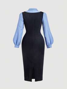 SHEIN MOD Đầm midi xẻ tà màu xanh navy kẻ sọc phối nhiều mảnh, cỡ lớn, thanh lịch, thích hợp mặc công sở, mùa xuân/thu. - Nhiều màu - Xem 2