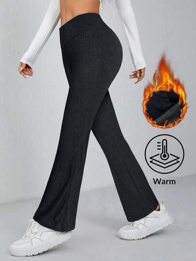 SHEIN PETITE 女士长款深灰色纯色针织喇叭裤，罗纹针织，保暖时尚，高个女裤，喇叭裤，大码女裤，罗纹喇叭裤，女士保暖裤