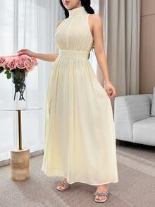 Feyla Vestido largo de fiesta elegante de mujer con cuello halter, diseño de abertura y cintura ceñida en unicolor - Amarillo - Ver 6