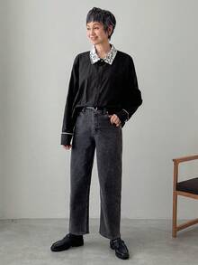 FRIFUL Women's Lace Collar & Cuff Contrast Button Loose Casual Blouse, Versatile For Autumn/Winter - Black - View 2