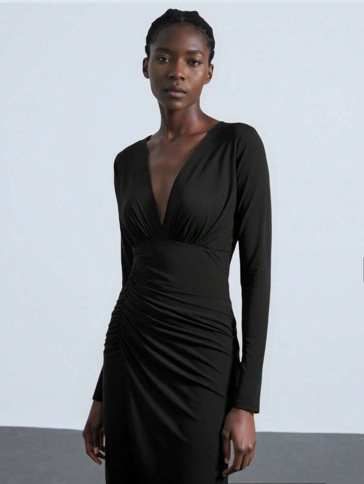 SHEIN Maija New Spring/Summer V-Neck Waist Ruched Fitted Women Dress, Elegant And Chic  St Patrick's Day Women Easter Summer Outfits Easter Dress Women Party Top Beach Dress Summer Holiday Outfits Each Vacation Outfits For Women  Summer Outfit For Women Going Out Outfits Graduation Graduation Outfit  Casual Dresses  Casual Blouses For Women