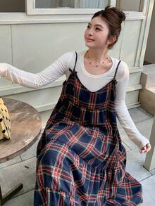 Dazy Plus 格子图案休闲圣诞新年宽松A字吊带背心，百搭 - 藏蓝色 - 查看 1