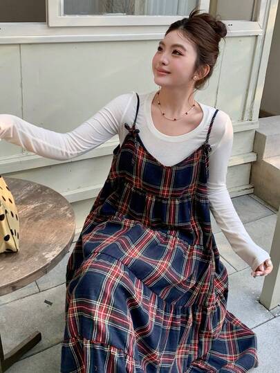 Dazy Plus 格子图案休闲圣诞新年宽松A字吊带背心，百搭