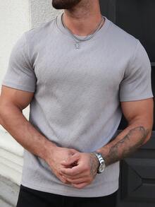 Manfinity Homme Men's Geometric Embossed Fabric Crew Neck Short Sleeve T-Shirt,Grey,Summer,Casual,City Break,Comfortable Gentleman Minimalist Office Yamamoto Tee - Grey - View 7