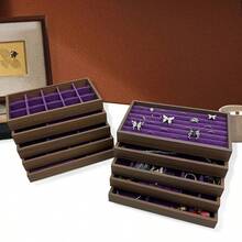 天鹅绒首饰托盘，大容量首饰收纳盒，带独立隔层，可堆叠首饰展示架，适用于耳环、项链、手镯、戒指、发夹、发带等。 - 紫色 - 查看 6