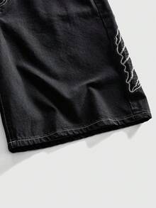 ROMWE MEN 男士刺绣图案宽松牛仔短裤 - 黑色 - 查看 5