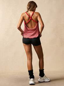 VARSIVA Women's Red And Pink Striped Backless V-Neck Tank Top With Crossover Design, Perfect For Sports And Fitness. - Multicolor - View 2