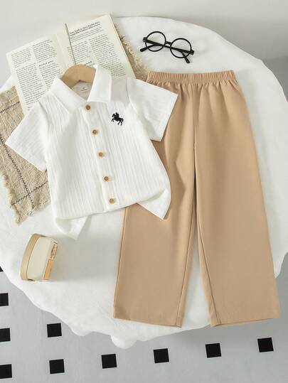 SHEIN 4-7 Years Old Boys' Spring/Autumn Shirt Set, Beige & Brown Collar Button Long Sleeve Cardigan Top And Striped Pants Suit, Elegant And Simple Back To School Outfit, All Season