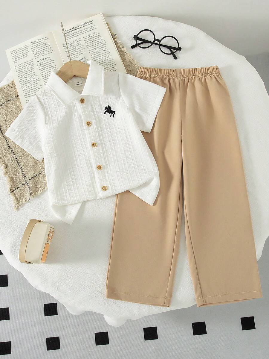 SHEIN 4-7 Years Old Boys' Spring/Autumn Shirt Set, Beige & Brown Collar Button Long Sleeve Cardigan Top And Striped Pants Suit, Elegant And Simple Back To School Outfit, All Season - Multicolor - View 1