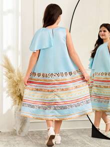 SHEIN Tween Girl Ruffle Asymmetric Print A-Line Sleeveless Dress Girls Turquoise Blue Dress Girls Modest Dress - Mint Blue - View 6