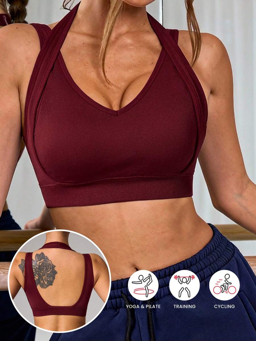 Dewbera 1 pieza Sujetador deportivo básico de espalda de tirantes, tela transpirable, color burdeos, diseño sin costuras para fitness, yoga - Burdeos - Ver 1