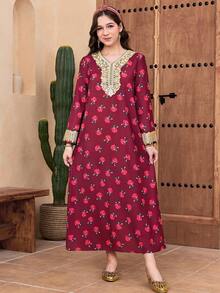 SHEIN Langes Kleid für Teenager-Mädchen mit gewebtem Platzierungsdruck und goldenem Applikation, locker geschnitten, geeignet für Reisen, Urlaub, Landstil, lässigen Badeort, Boho-Stil, passend zu Schwester- und Eltern-Kind-Outfits - Bordeaux - Übersicht 10