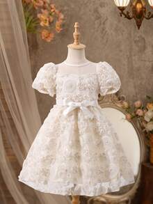 SHEIN Girls' Apricot High-End Luxury Lightweight Dress, Sophisticated Fabric, Minimalist Elegant Snug Fit Sweet Dress - Apricot - View 9