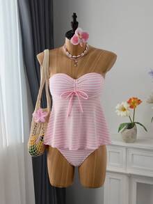 Bellisia 2026春夏度假沙滩粉白条纹可爱吊带比基尼，2026新款女士泳装到货，适合上学、度假、约会、下午茶、西式、邮轮、海滩、海岛、公路旅行、四季皆宜、音乐节、波西米亚风度假、秋日休闲、西式波西米亚风，优雅女士无肩带吊带比基尼泳衣，抹胸泳衣，女士泳装套装，女士复古泳装，女士复古泳装，粉色可爱泳装 - 粉色 - 查看 1