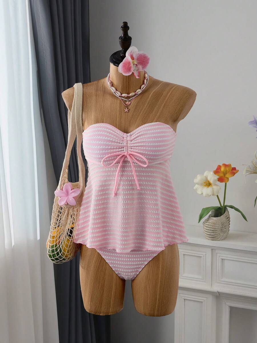 Bellisia 2026春夏度假沙滩粉白条纹可爱吊带比基尼，2026新款女士泳装到货，适合上学、度假、约会、下午茶、西式、邮轮、海滩、海岛、公路旅行、四季皆宜、音乐节、波西米亚风度假、秋日休闲、西式波西米亚风，优雅女士无肩带吊带比基尼泳衣，抹胸泳衣，女士泳装套装，女士复古泳装，女士复古泳装，粉色可爱泳装 - 粉色 - 查看 1