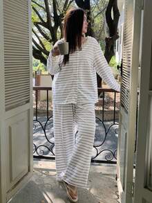 Dazy Plus Fashionable Striped Contrast Lace Loose Casual Pajama Set, Includes Top And Pants, Suitable For Spring And Autumn - Grey - View 8