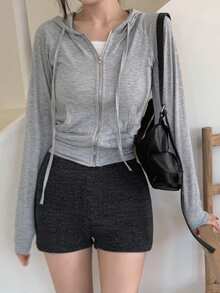 DAZY Women Hooded Zip-Up Jacket, Long Sleeve Short Crop Top - Grey - View 6