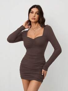 SHEIN Tall Sweetheart Neck Lace Trim Ruched Bodycon Black Tight Dress Cleavage Dress - Coffee Brown - View 4