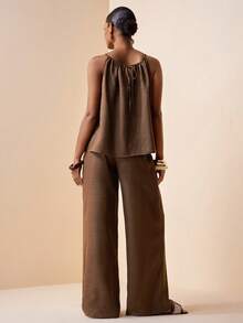 Zivah Women's Sleeveless Ruched Halter Top And Wide Leg Pants Casual Suit - Coffee Brown - View 3