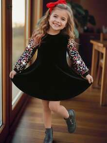 SHEIN Emery Rose Kids Young Girl's Elegant Patchwork Sequin Sleves Beaded Velvet Party Dress, Woven Lantern Hemline Snug Fit Dress, Elegant Long Sleeve Cake Dress With Shorts Inside, Suitable For Autumn And Winter, Red For Christmas, Party Wear, Daily Wear School Daily, Birthday Dress, Princess Dress, Mom And Daughter & Sisters Matching - Black - View 4