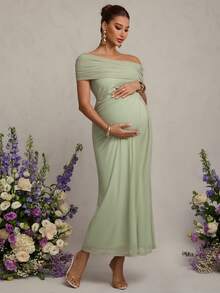 MaterniChic Maternity Clothes Maternity  Dress Summer Pregnant Clothes Green Maternity Dress, High-Elasticity, Off-Shoulder, Gathered, Long Dress, Comfortable And Elegant For Valentine's Day - Green - View 5