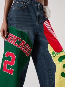 ROMWE Avant 女士复古学院风拼接足球撞色刺绣数字字母低腰阔腿牛仔裤 - 藍色 - 查看 7