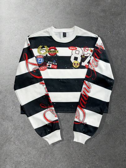 Street Life Unisex Striped Crew Neck T-Shirt, Suitable For Couples, Spring, Summer, Autumn