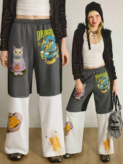 Shutterstock Y2Kool Colorblock Cat Cartoon, Oriental Element, Y2K Style Patchwork Casual Pants For Women, Suitable For Autumn/Winter, Party, Daily Wear 90s Theme Women Hippie Pants Wide Leg Sweatpants Baggy Sweatpants Grey Sweatpants Women Gyaru Dragon Print Pants Cat Print Pants Graphic Pants Springs Women Birthday For Women Carnival