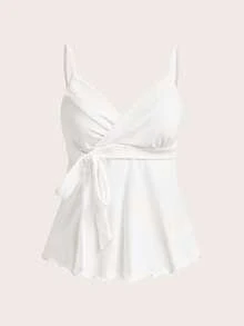 CovetEZ Women's Casual White Knit Tank Top, Spring/Summer White Elegant Top White Cami Top White Babydoll Top White Top Women White Spaghetti Strap Top White Tie Front Top - White - View 2