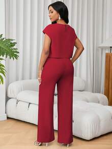 SHEIN Unity 法式圆领短袖休闲上衣和高腰阔腿裤两件套女装 - 酒紅色 - 查看 2