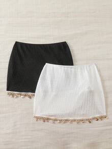 Swim Basics Women's Summer Boho Beach Vacation Holiday Black & White Drawstring Ruched Starfish Shell Tassel Texture Fabric Split Hem Skirt Cover-Up 2-Piece Set - Black and White - View 2