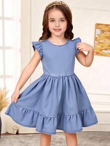 SHEIN Vestido vaquero azul de corte holgado y con volantes para niña - Lavado ligero - Ver 6