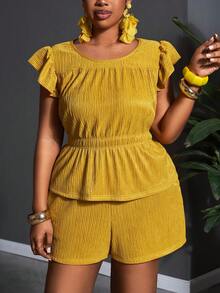 Veslaya Nuevo conjunto de 2 piezas de top de manga abullonada con cintura ceñida y pantalones cortos ajustados con bolsillos en color amarillo mostaza sólido, ideal para vacaciones, uso casual, playa, fiestas, estilo bohemio, uso diario, resort de isla, actividades al aire libre, festivales de música, citas y reuniones. Tallas grandes. Conjunto de verano amarillo de top y blusas para mujer. Vestido amarillo para mujer de playa. Conjuntos de ropa de vacaciones para mujer, conjuntos casuales de 2 piezas. - Amarillo Mostaza - Ver 9