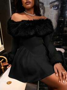 Slaydiva 2025新款优雅单肩毛领毛袖A字伞裙白色针织迷你裙女士迷你连衣裙-A - 黑色 - 查看 5