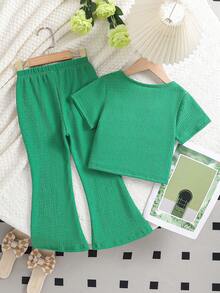 Elladie kids 2pcs/Set Young Girls Solid Color Crew Neck Short Sleeve T-Shirt And Elastic Waist Flare Leg Pants, Spring/Summer - Green - View 2