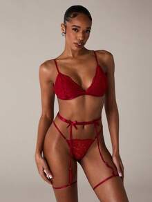 SHEIN BAE 3pcs Lingerie Set (Wireless Bra + G-String + Garter Belt With Leg Strap) - Burgundy - View 5