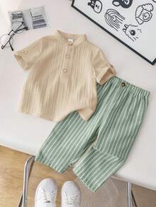 SHEIN 2件套男婴休闲学院风灰色立领衬衫和条纹松紧腰裤套装，适合生日派对、晚宴、演出、婚礼、迎婴派对、一周岁生日庆祝等场合。 - 彩色 - 查看 4