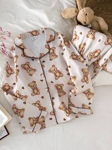 少女睡衣套装 - 两件套，泰迪熊印花，纽扣翻领长袖上衣，长裤，松紧腰带，滚边装饰，中性米色系，可爱睡衣，四季皆宜，2026年假日必备礼物 - 彩色 - 查看 3