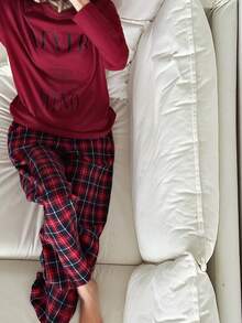 DAZY 2pcs Women Graphic Print Loose Long Sleeve Plaid Pajama Set